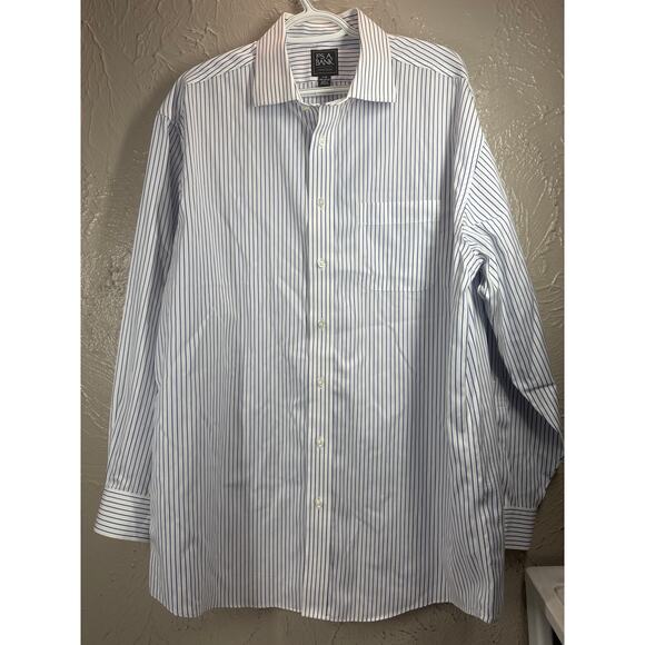 Jos A Banks Traveler Mens Cotton Striped Blue Dress Shirt Preppy Size 17 - 34 - Picture 1 of 4